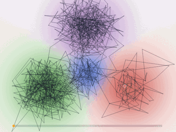 DEER trajectory estimates improving on a Julia-logo-shaped posterior
